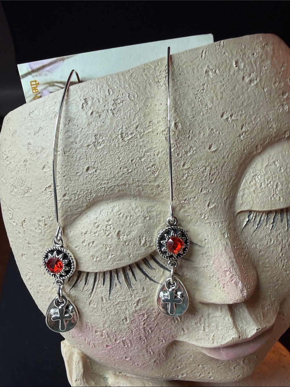 Silver Red Crystal Cross Drop Earrings